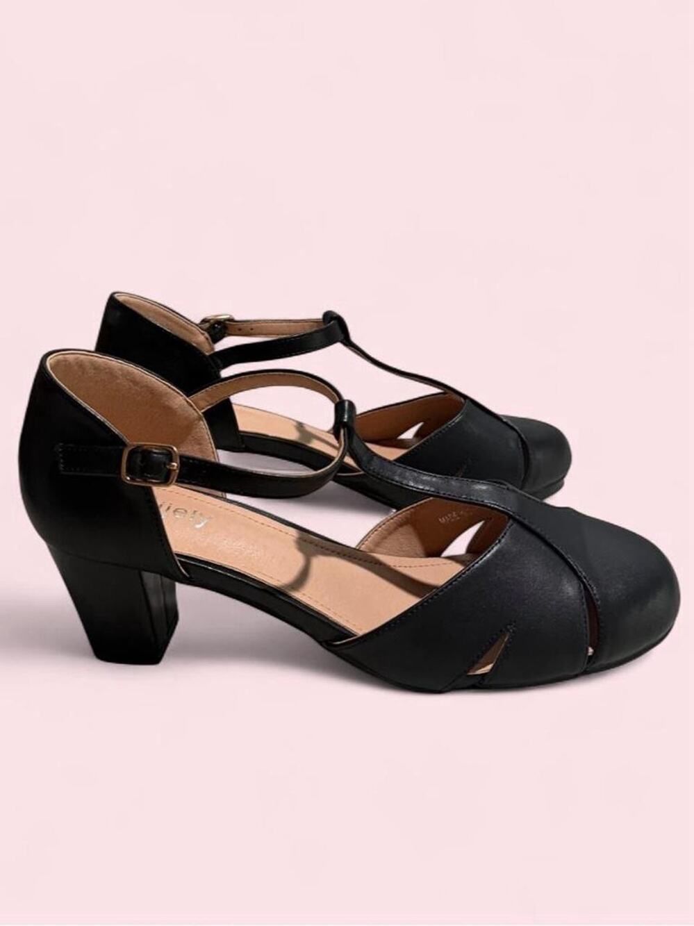 Women’s Black Mary Jane Block Heel Pumps T-Strap Round Toe Shoes Size 12 / AU 46